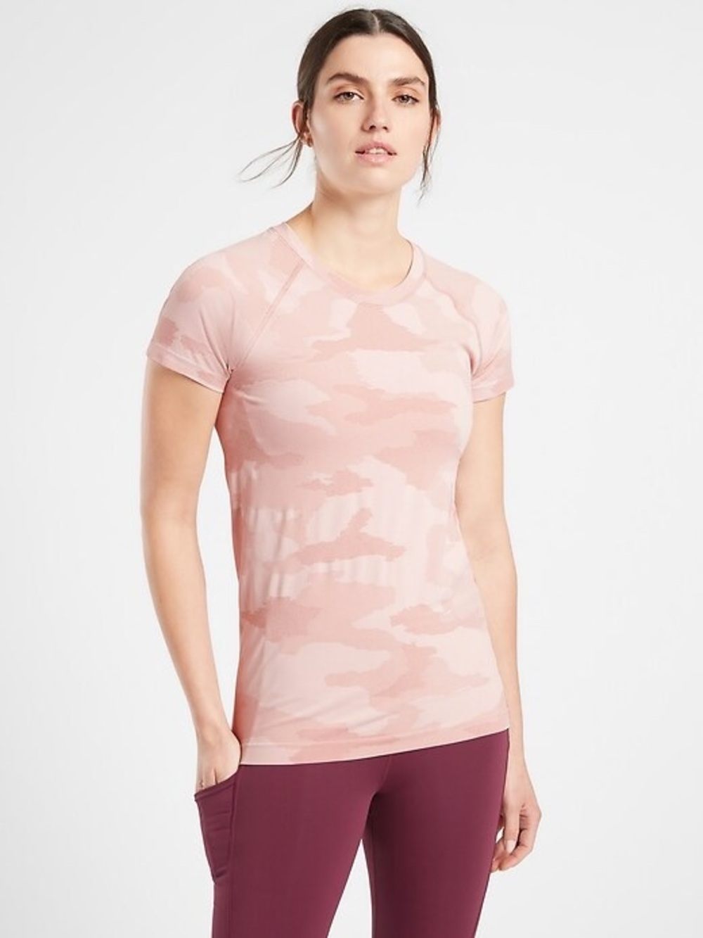 ATHLETA Momentum Seamless Camo Tee
 in Blush Pink Camo Estimated Size Medium